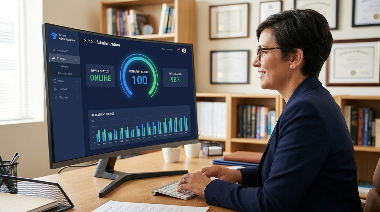 A school principal reviewing the S.O.S. administrator dashboard on a desktop monitor