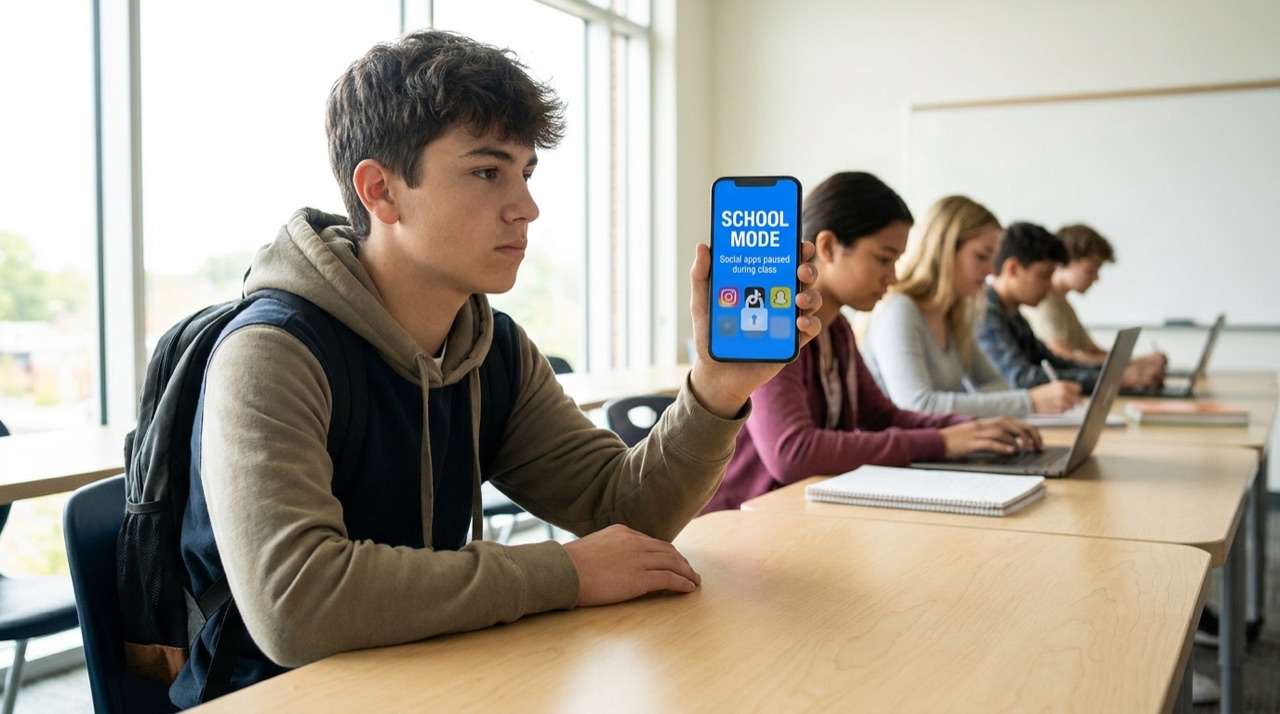 A student in class whose phone shows School Mode with social apps paused during class
